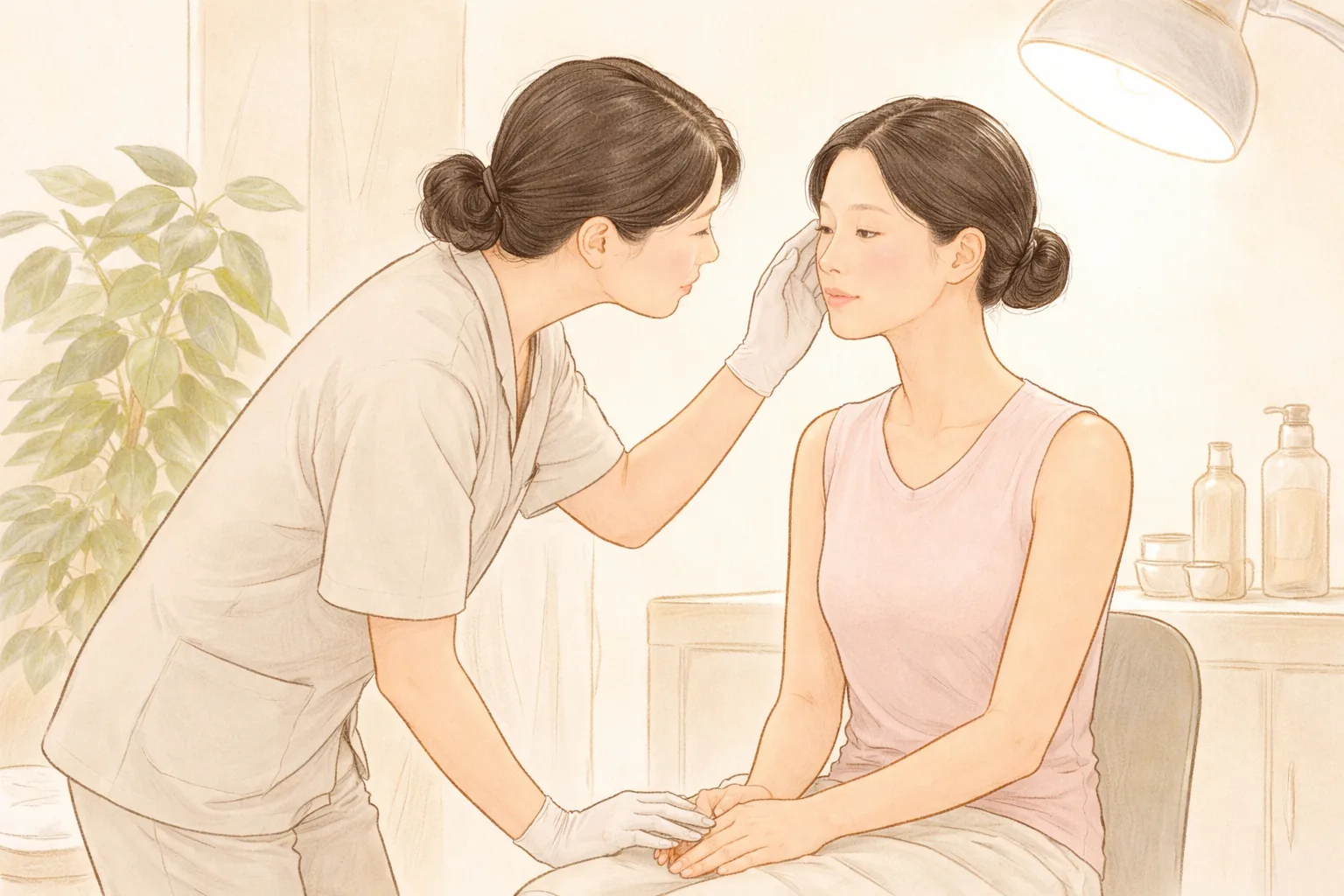 診間裡醫療人員查看女性患者的臉頰