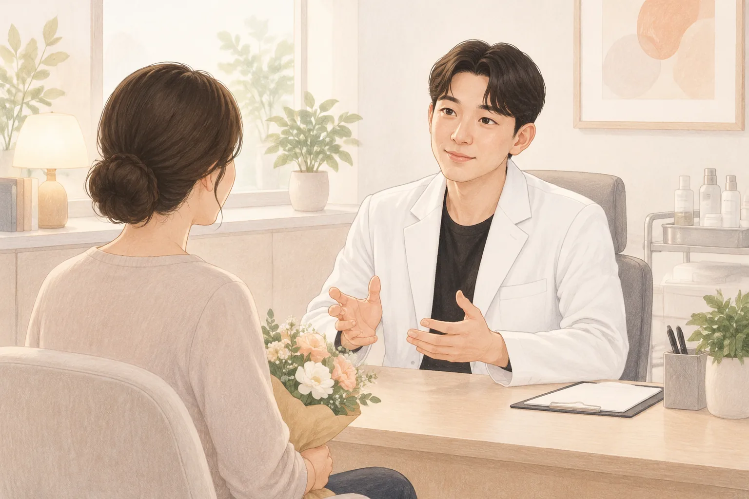 女性將花束放在膝上，男性醫師在一旁解說