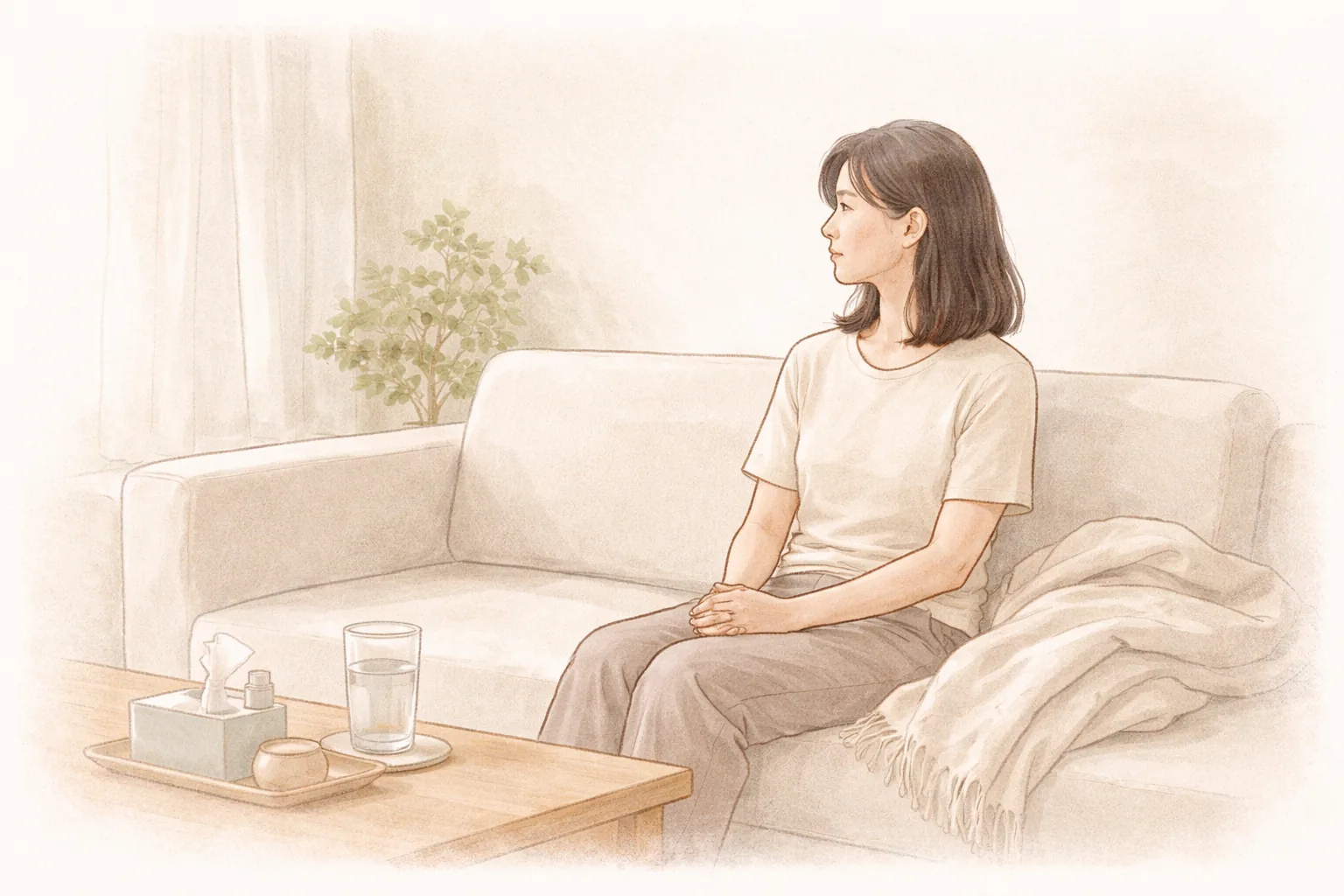 Woman sitting on a sofa with hands together looking to the side, with a water cup, tissue box, and blanket on the table