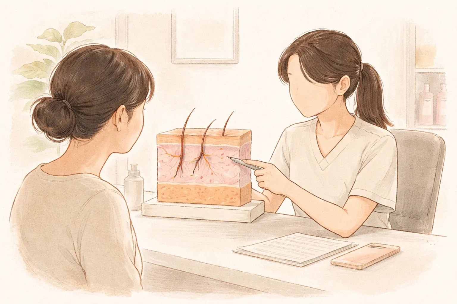 Clinician and woman consulting at a desk, pointing to a skin cross-section model