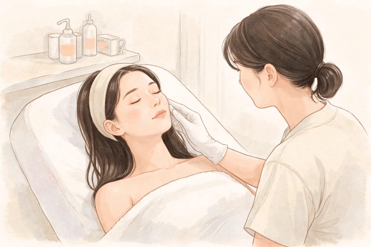 침대에 누운 여성 환자의 볼을 장갑 낀 의료진이 살피는 모습