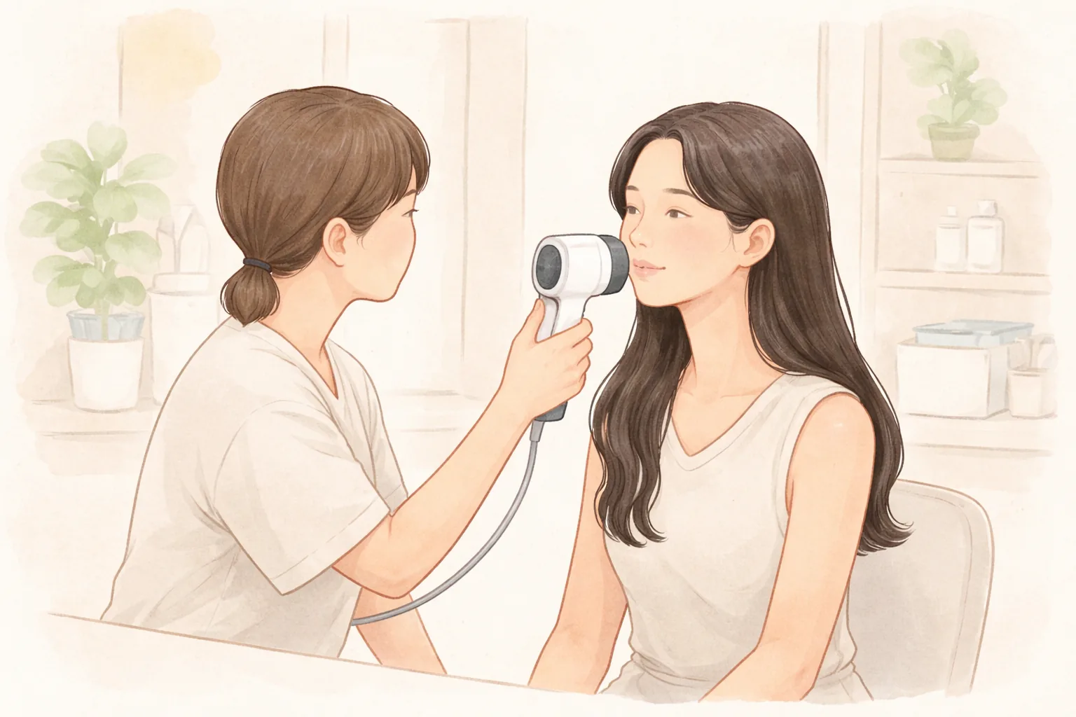 A clinician holding a skin analysis camera to measure a woman's face as she sits in front of it