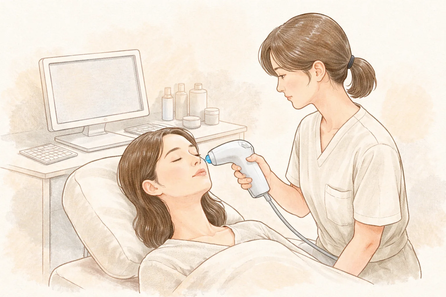 눈을 감고 누운 여성 환자와 그 옆에서 피부 분석 카메라를 들고 있는 여성 의료진