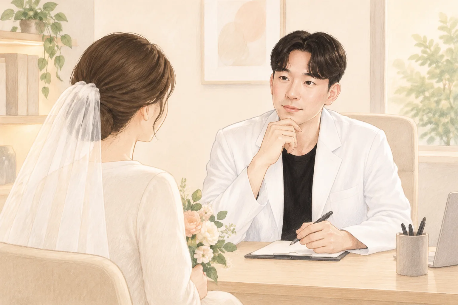작은 부케를 든 여성 환자와 상담 중인 흰 가운을 입은 남성 원장