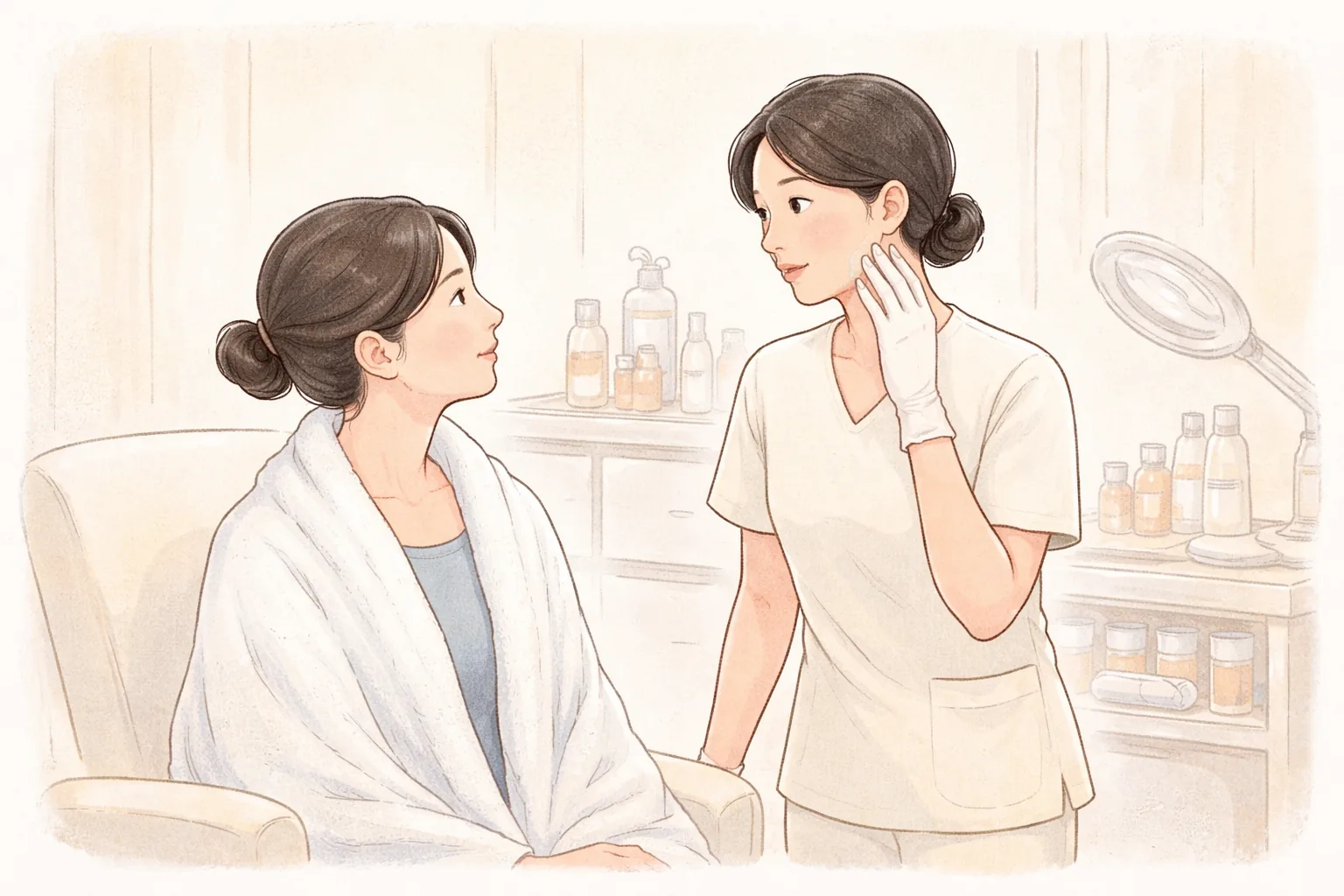 털실을 두른 여성과 손으로 얼굴을 가리키며 설명하는 의료진