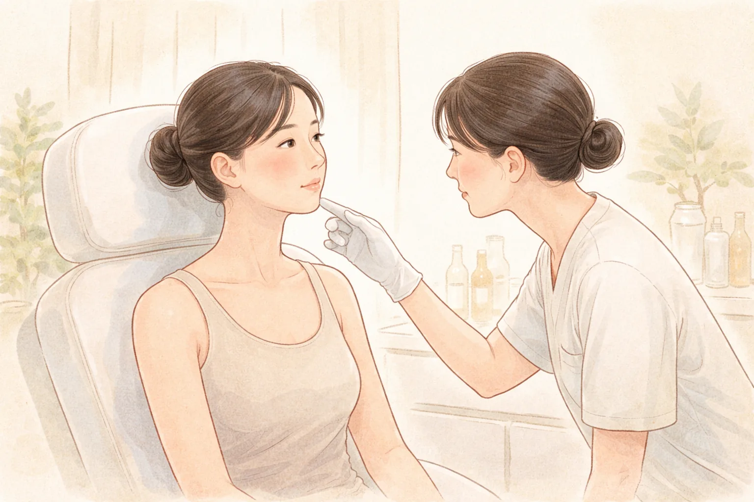 시술 의자가 있는 공간에서 앉아있는 여성과 그녀의 턱선을 살펴보는 의료진의 장갑 낀 손