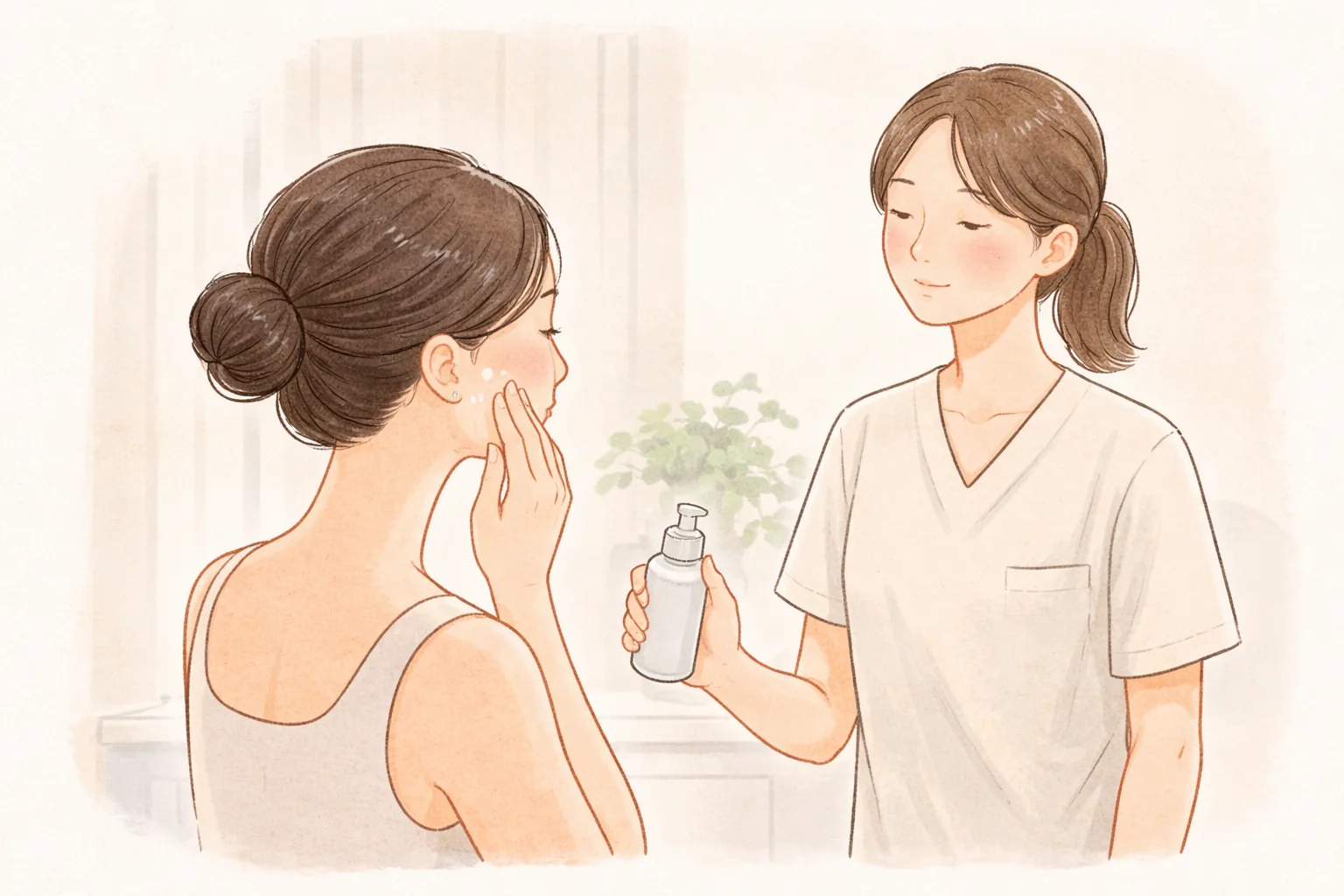 한 여성이 거울 앞에서 다른 여성에게 보습제를 바르려는 모습