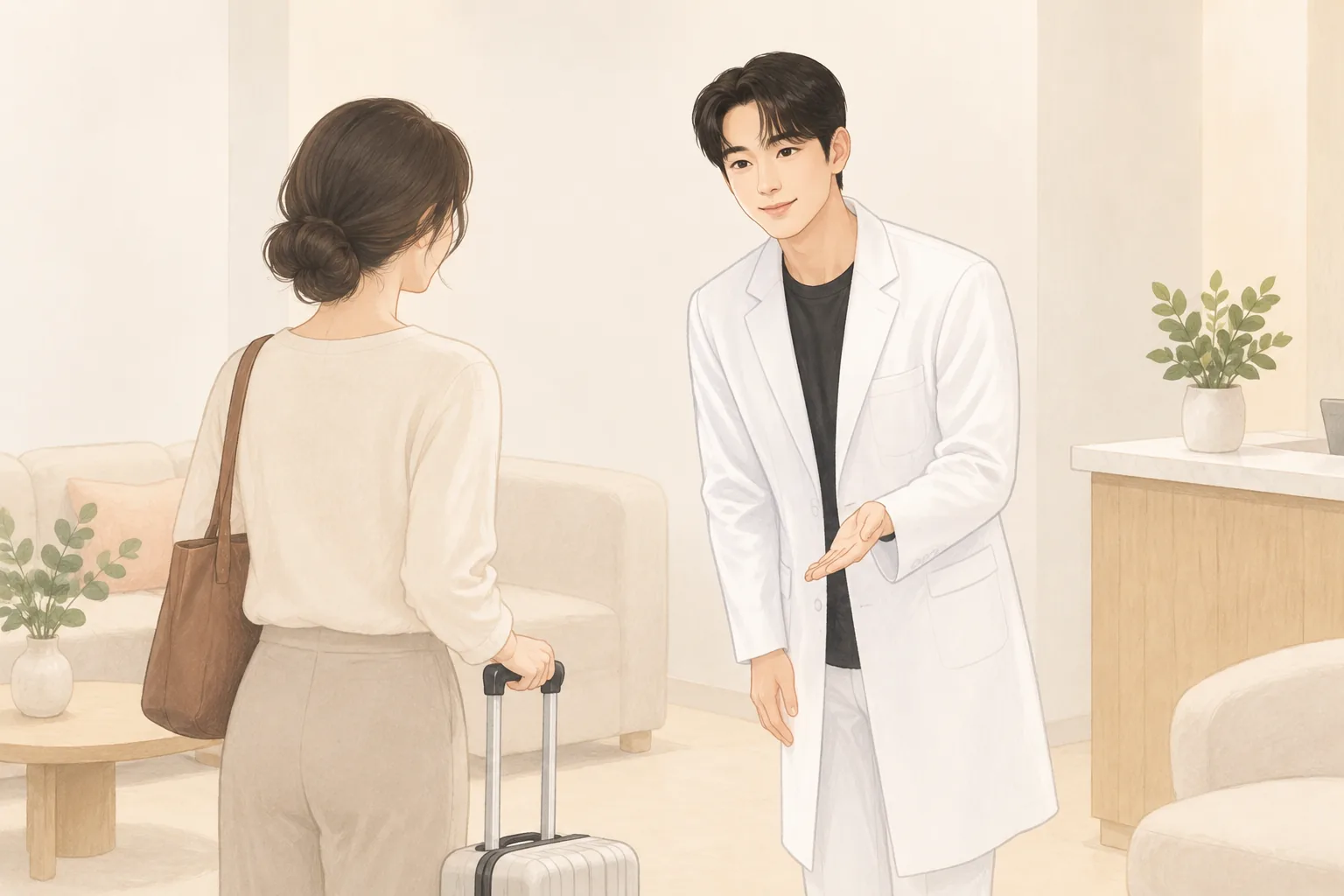 女性拉着行李箱,男医生向她打招呼