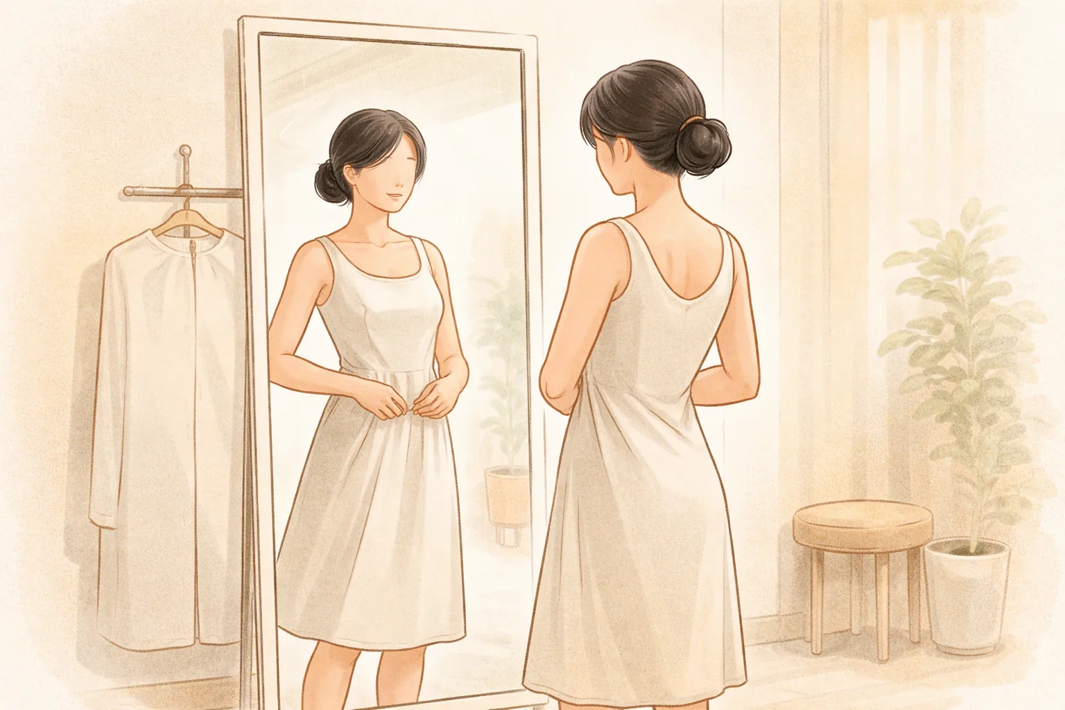 긴 머리를 단정하게 묶은 여성이 하얀 원피스를 입고 거울 앞에서 옷자락을 정리하는 모습