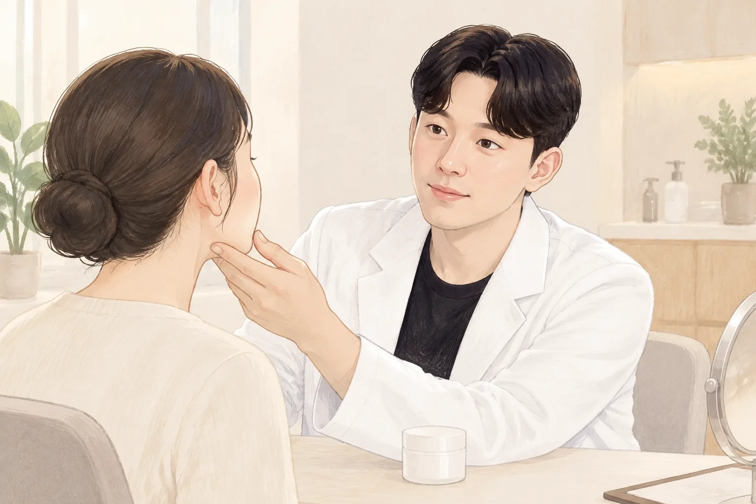 男子查看女患者脸颊,桌上有白色容器