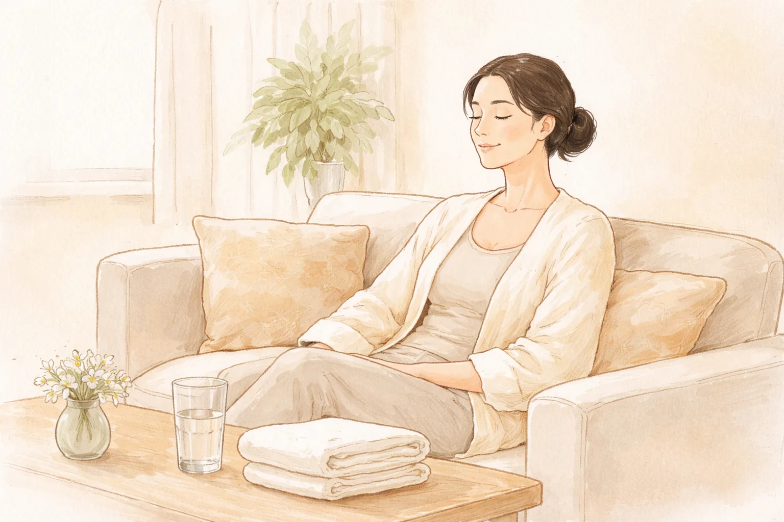 女性坐在沙发上闭眼休息，桌上有一杯水、两条毛巾和花瓶