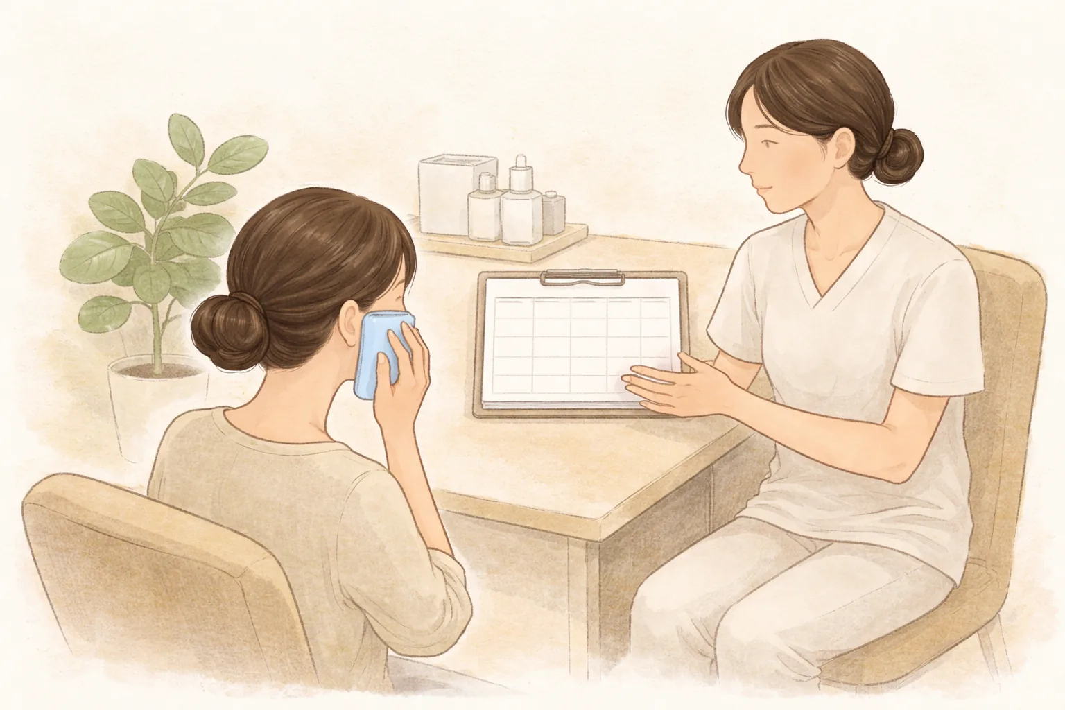 볼에 아이스팩을 대고 앉아있는 여성과 상담하는 의료진이 책상에 마주 앉아 있음
