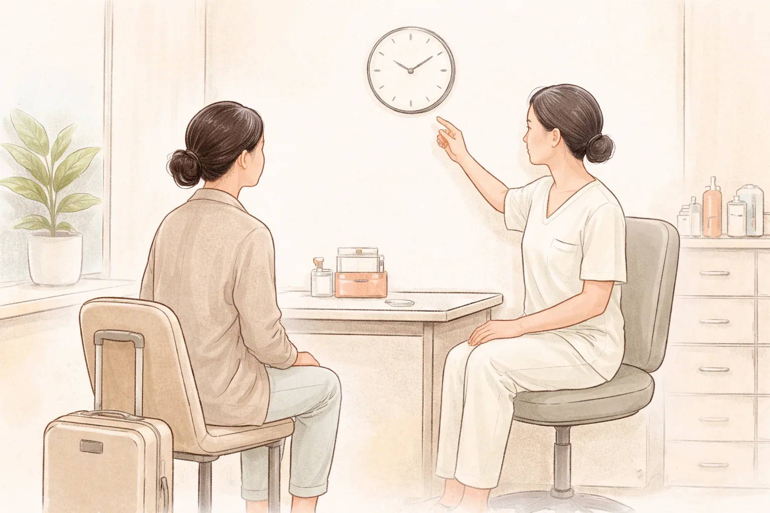 两位女性坐在行李箱旁,与医护人员看着挂钟咨询