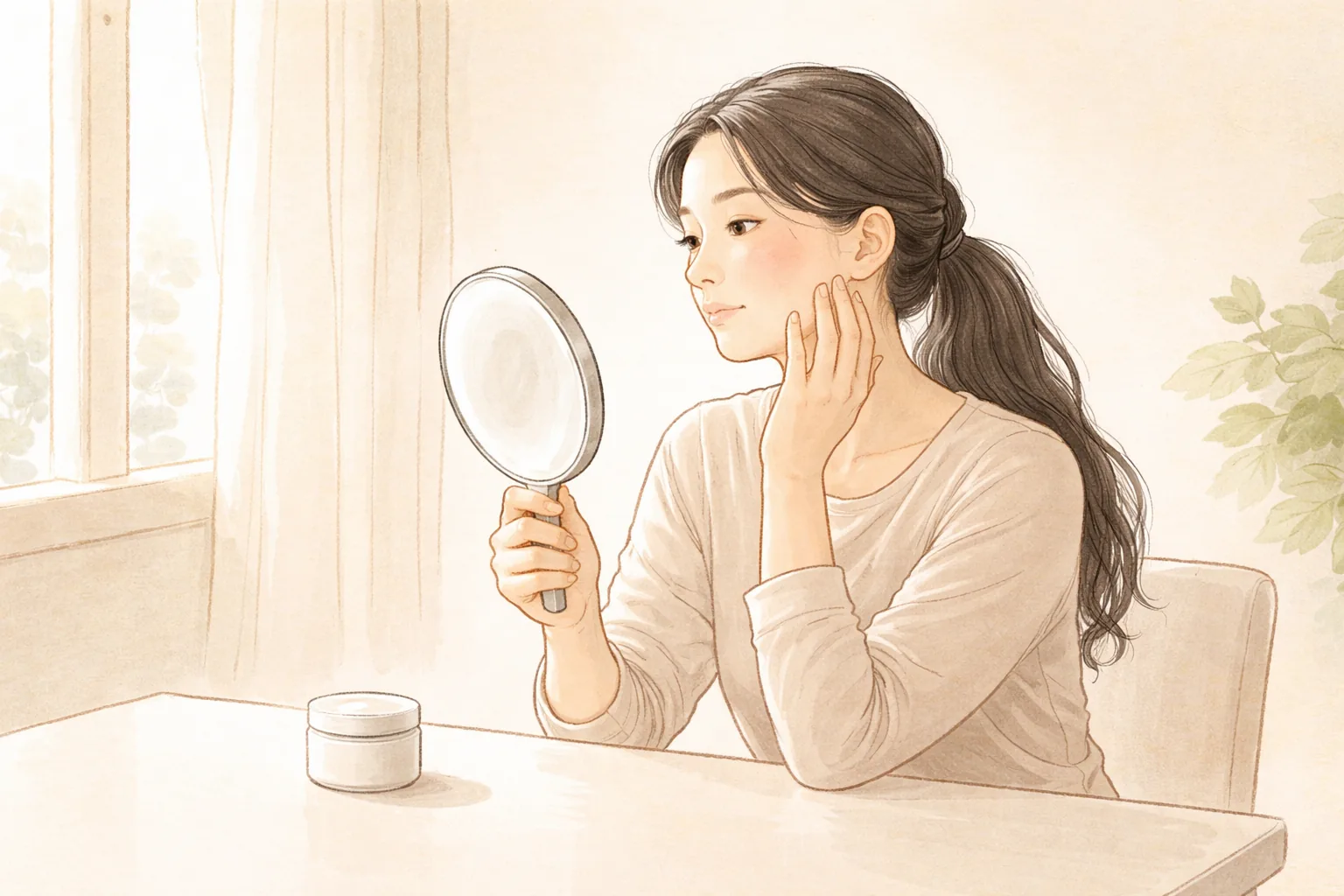 손거울을 들고 앉아 얼굴 피부를 살펴보는 여성