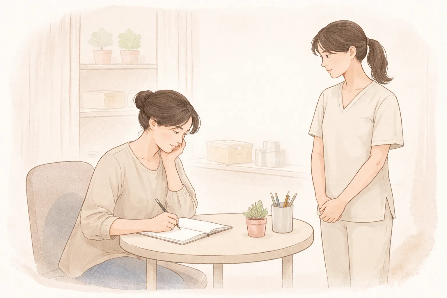 机に座って手帳に記録しながら頬に触れる患者と横で見守るスタッフ