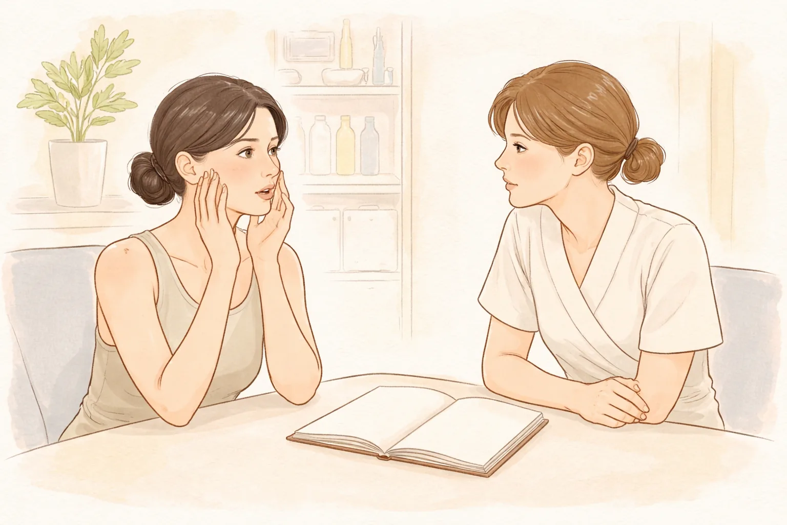 Woman and doctor facing each other in a consultation room with books on the table