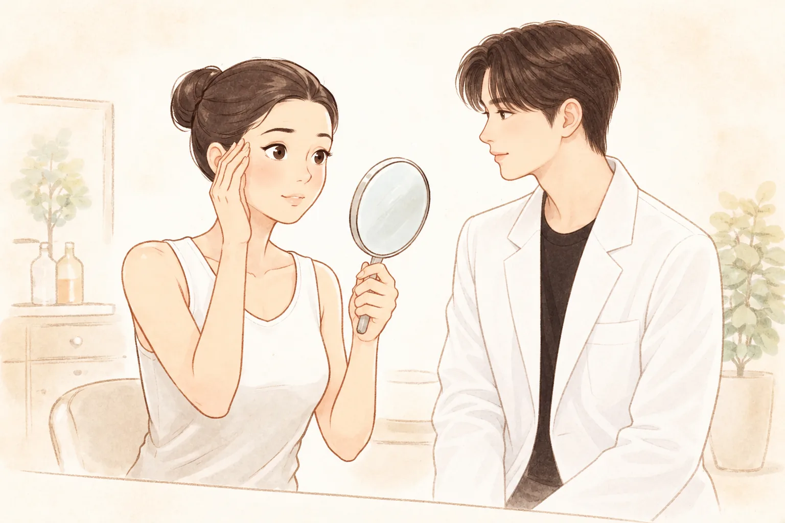 女子拿著手持鏡微微挑眉，一旁的男性醫師看著她