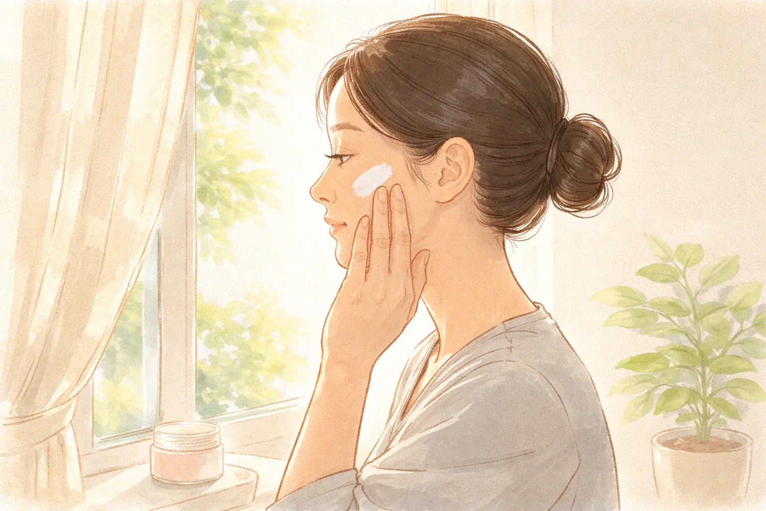 Mujer aplicando crema en la mejilla junto a una ventana