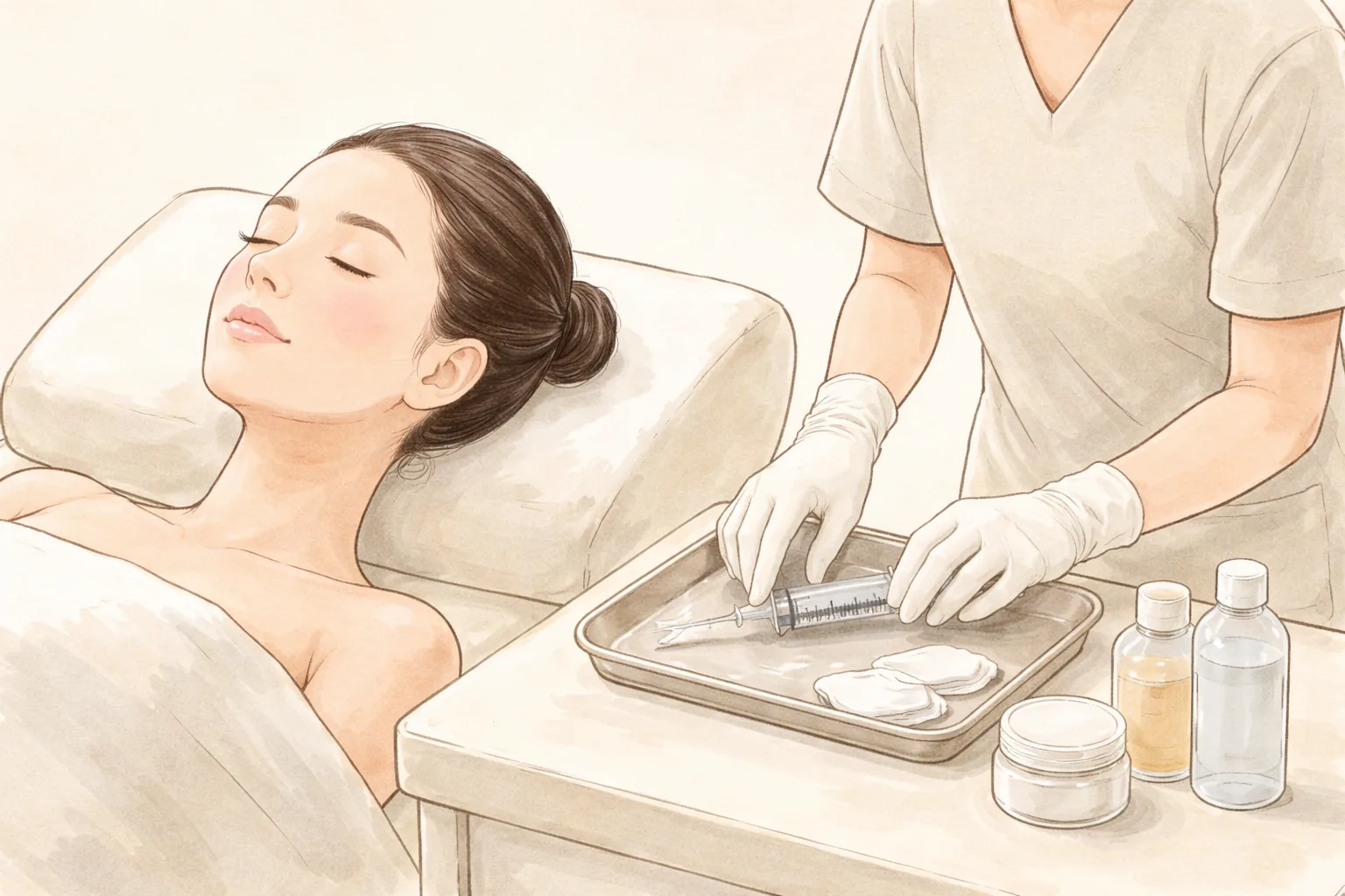 Woman lying on a treatment bed with gloved hands and a syringe on a tray