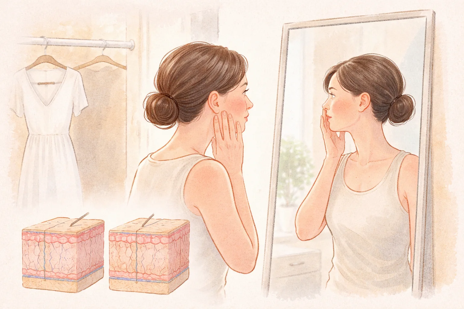 Mujer frente al espejo en un vestidor con un vestido blanco colgado y dos diagramas de corte de piel