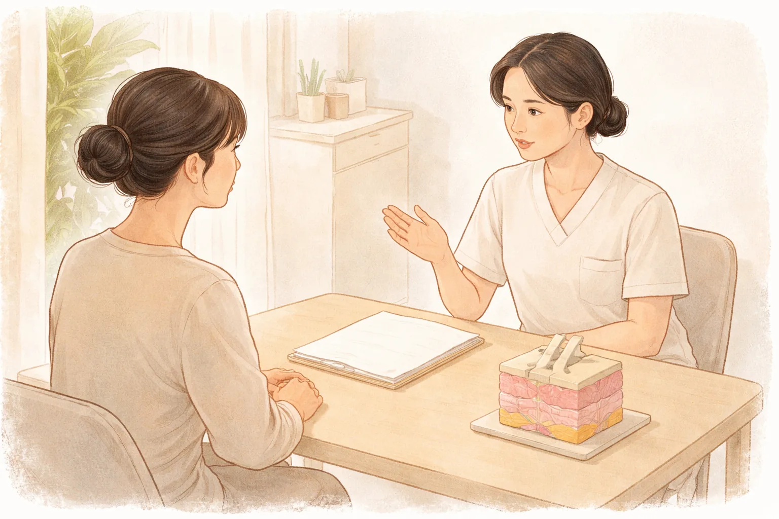 상담 테이블에 앉아 피부 모형을 두고 여성에게 설명하는 의료진과 여성
