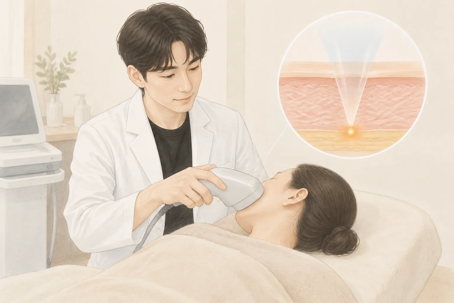 의사가 장비로 여성 환자 얼굴에 시술하는 모습과 피부 단면도 확대 이미지