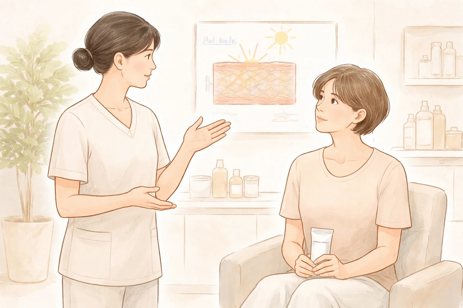 Standing clinician explaining post-treatment care to a seated woman