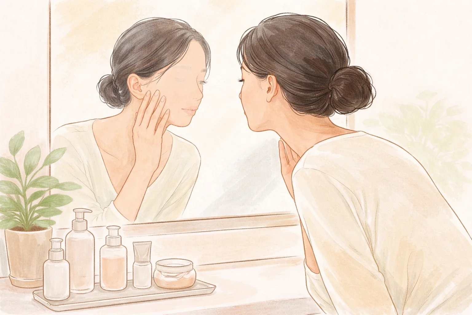 Mujer revisándose la mejilla frente al espejo con envases de cosméticos en un estante