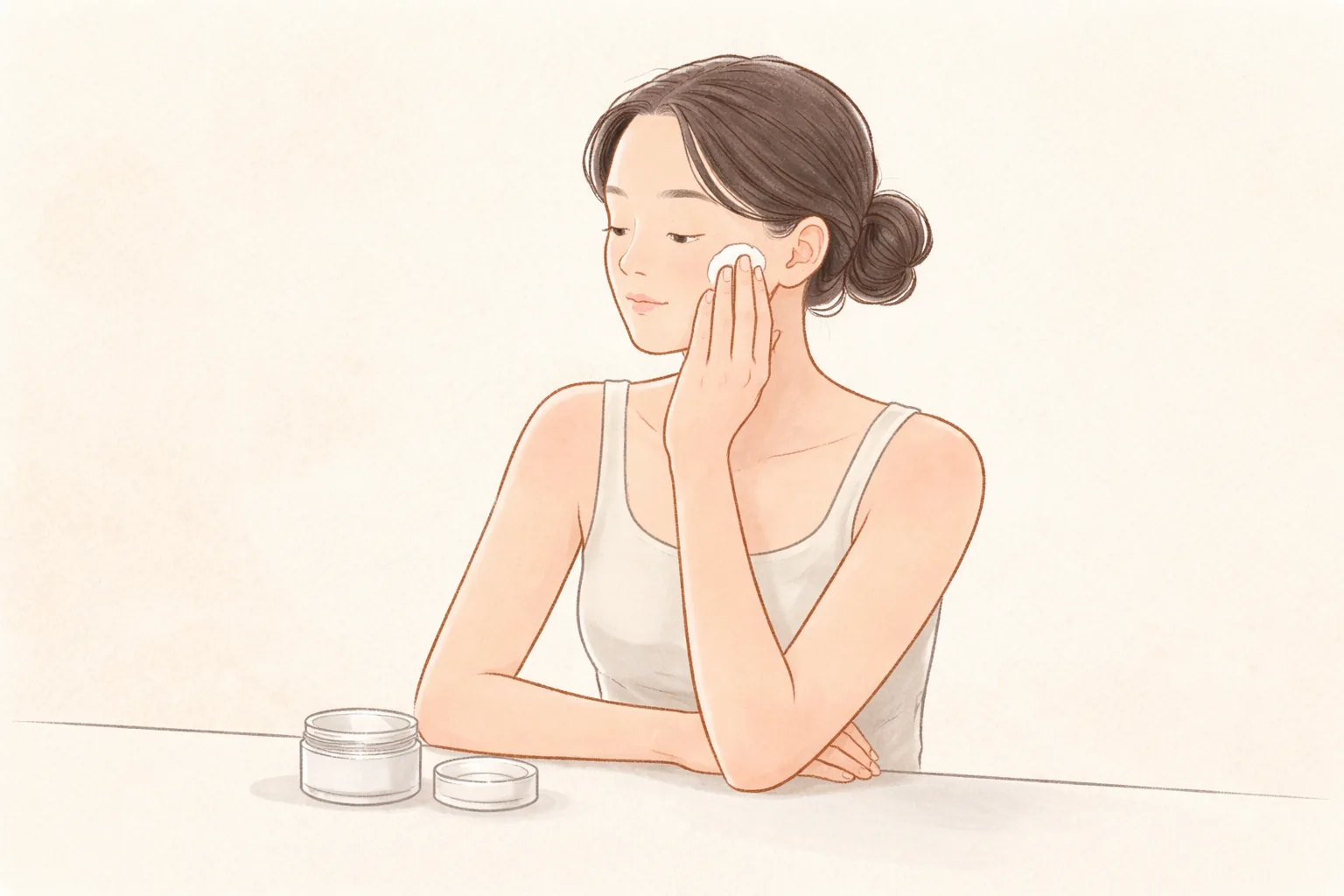 Woman patting her cheek with a cotton pad beside two cream jars on a table