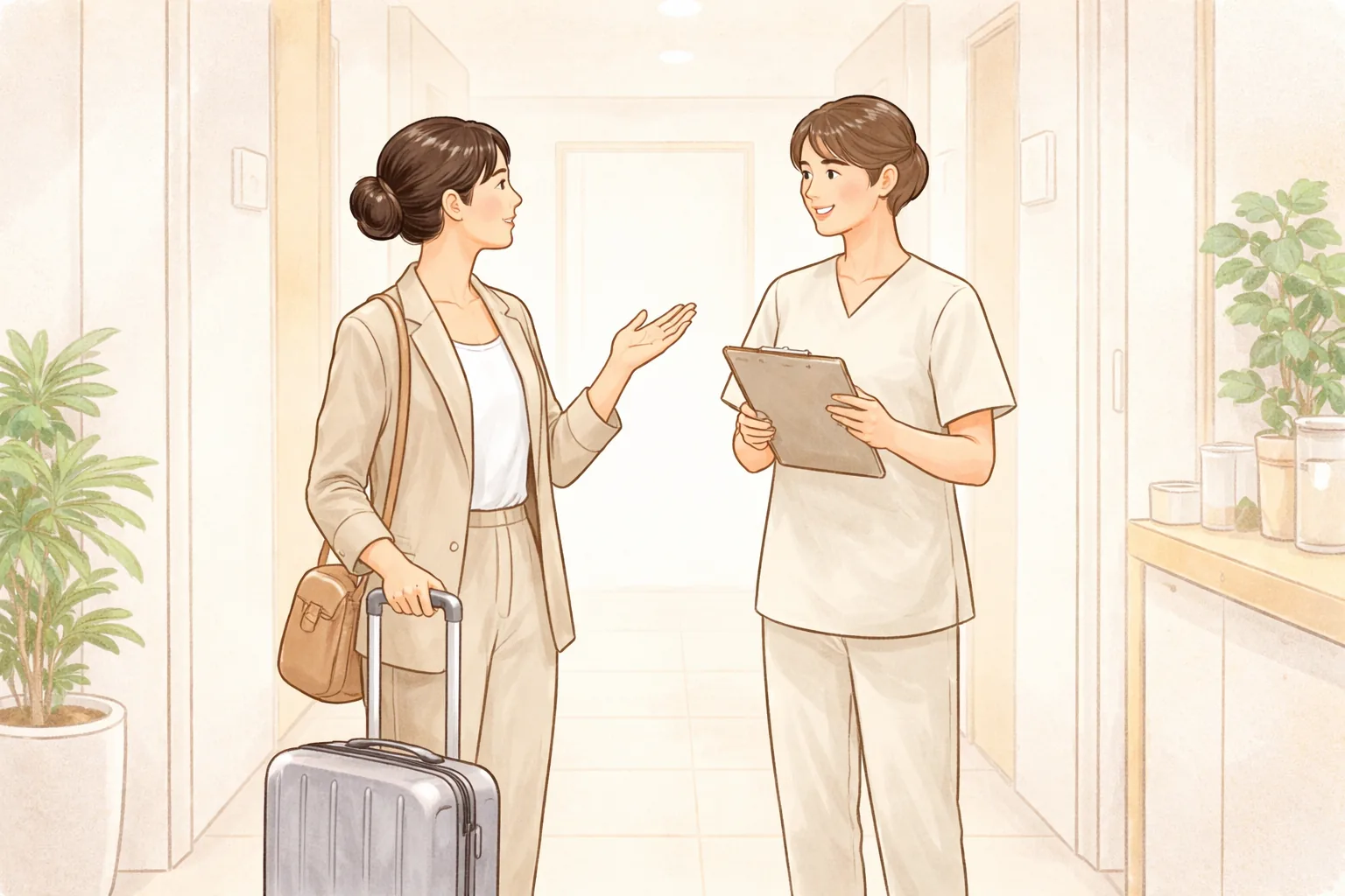 拉著行李箱的女性與醫療人員在走廊上交談