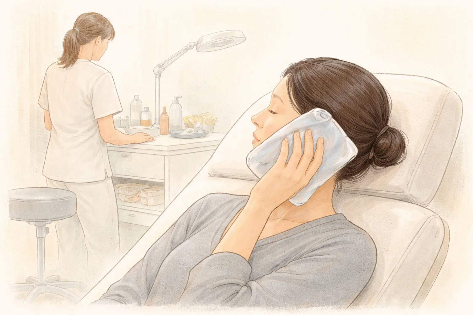 Woman resting in a chair with a cold gel pack on her cheek, nurse standing in the background