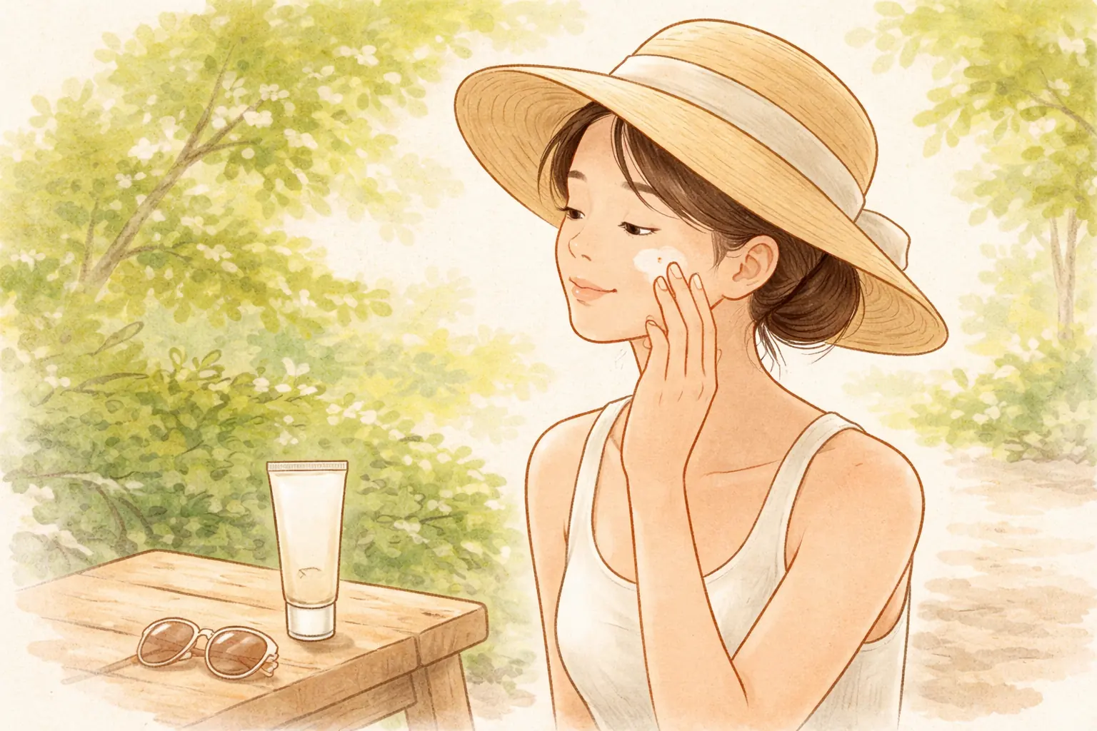 麦わら帽子をかぶった女性が屋外で日焼け止めを指先に取り頬に塗っている
