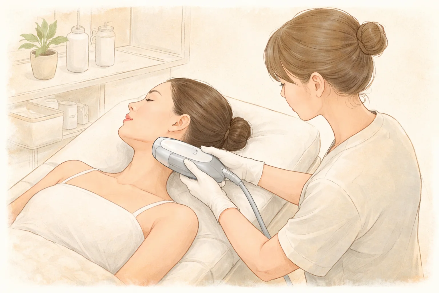 Clinician placing an ultrasound device along the jawline of a woman lying on a treatment bed