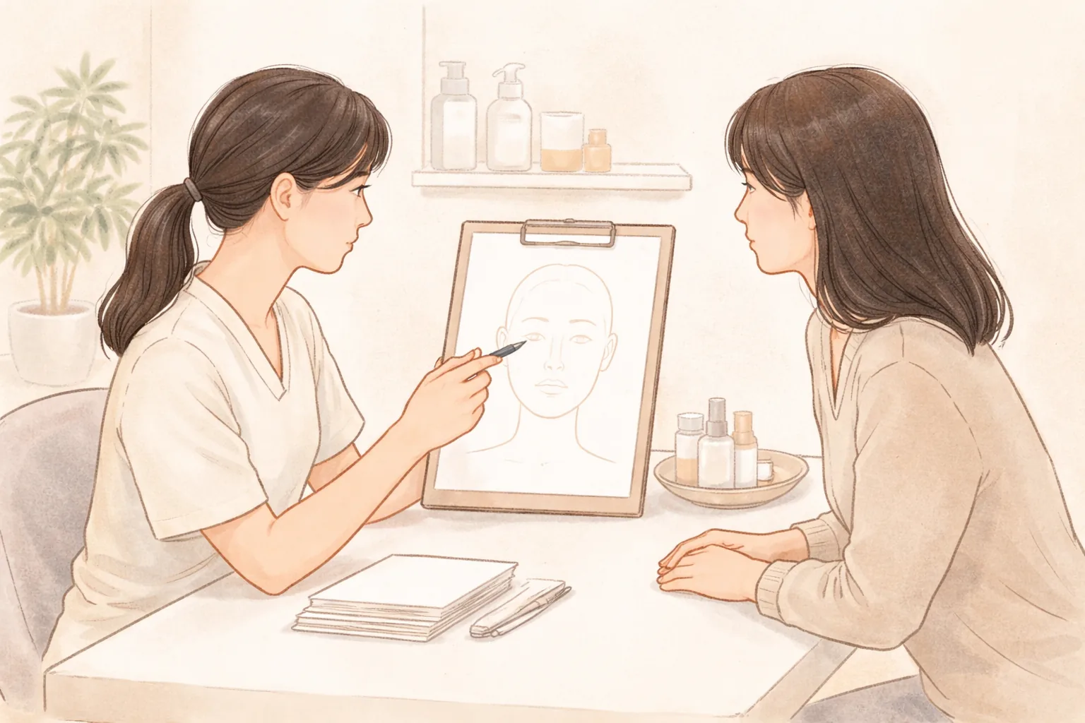 Médica señalando un diagrama facial durante una consulta con una paciente