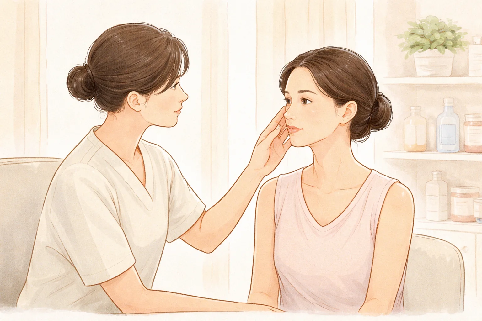 Clinician gently touching a female patient's cheek to check her skin