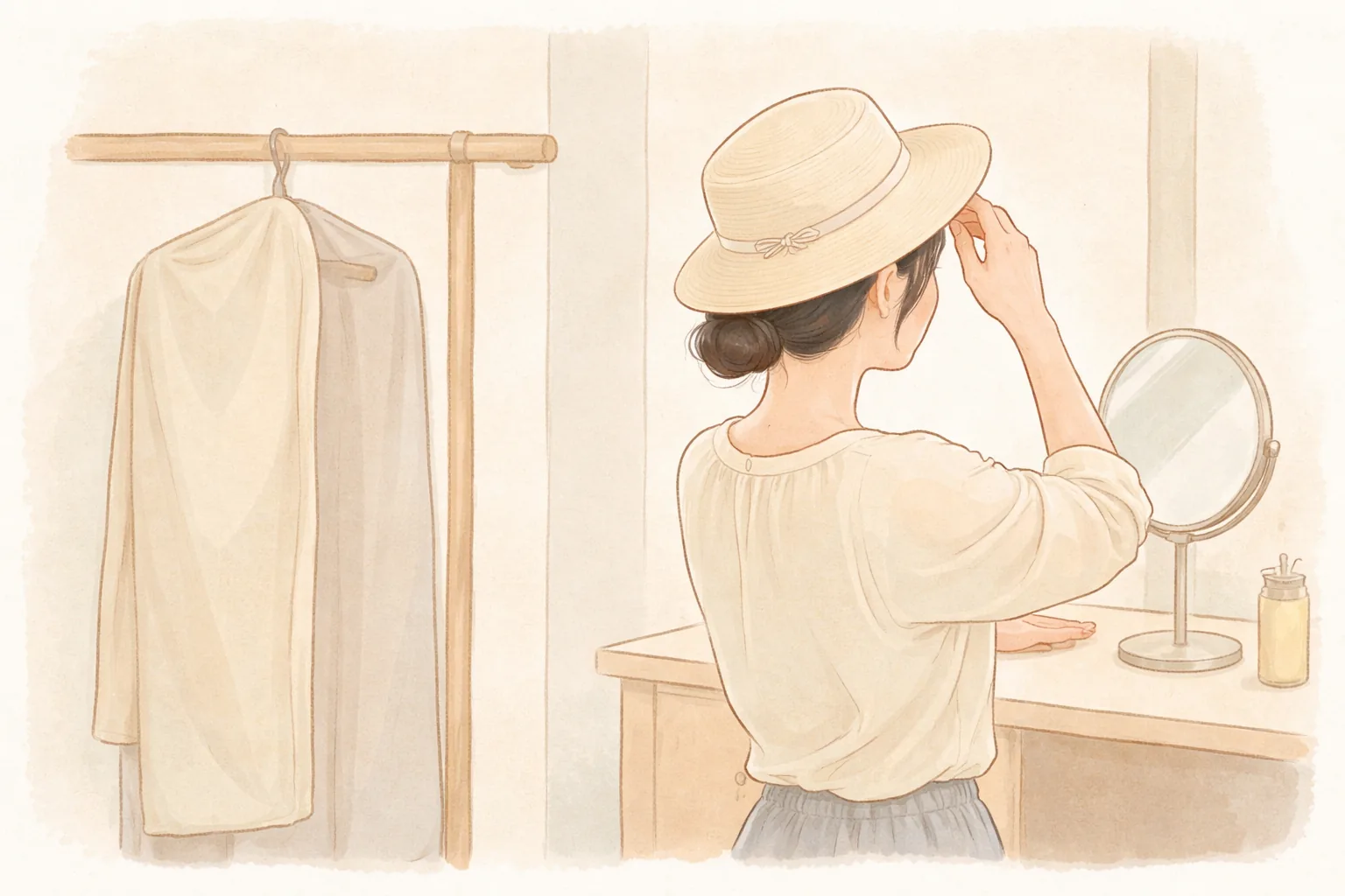 帽子をかぶった女性がテーブルの上の手鏡の横で帽子のつばを触っている