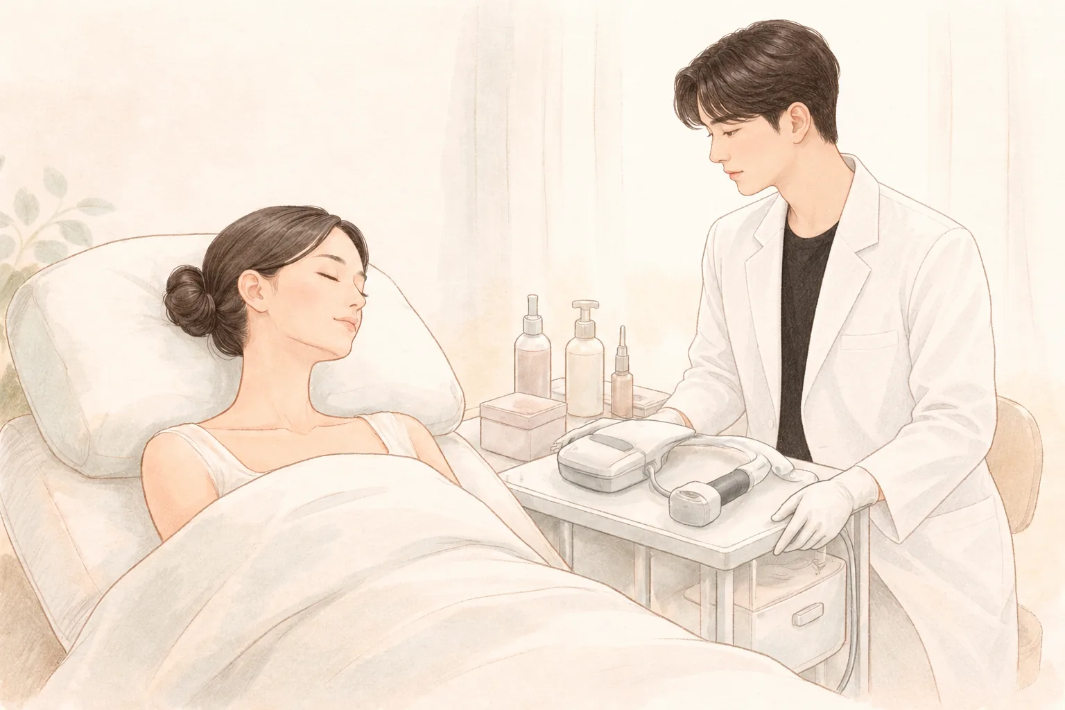 Female patient lying on a bed while a male medical staff member operates medical equipment beside her