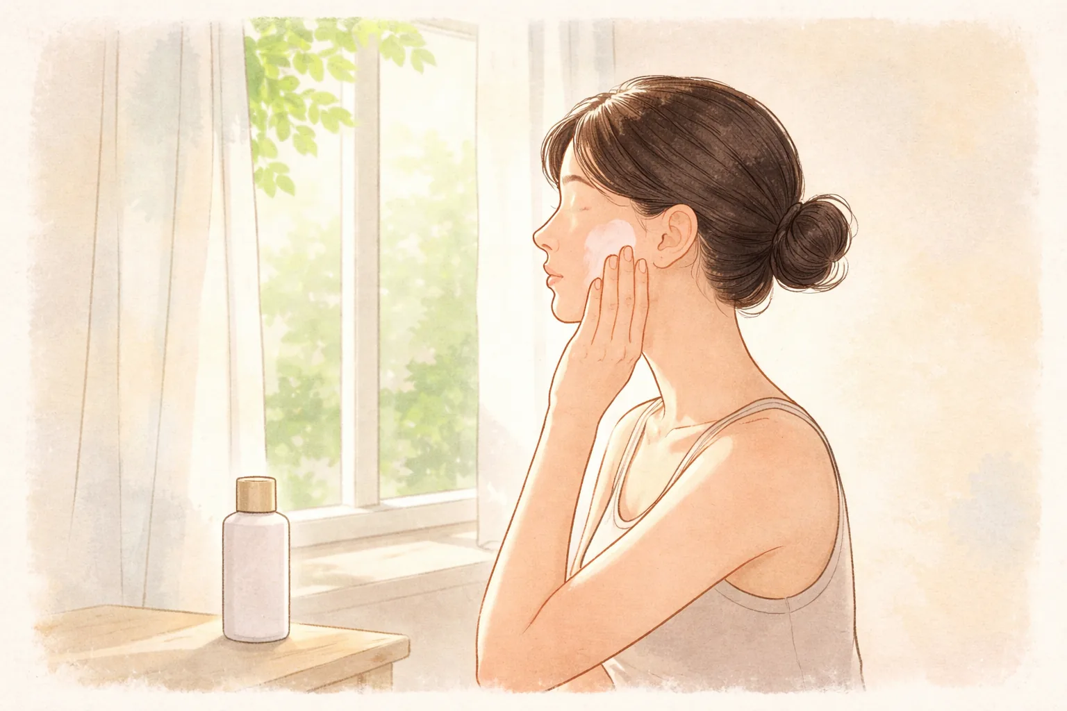 Woman with tied-back hair applying cream to her cheek at a desk
