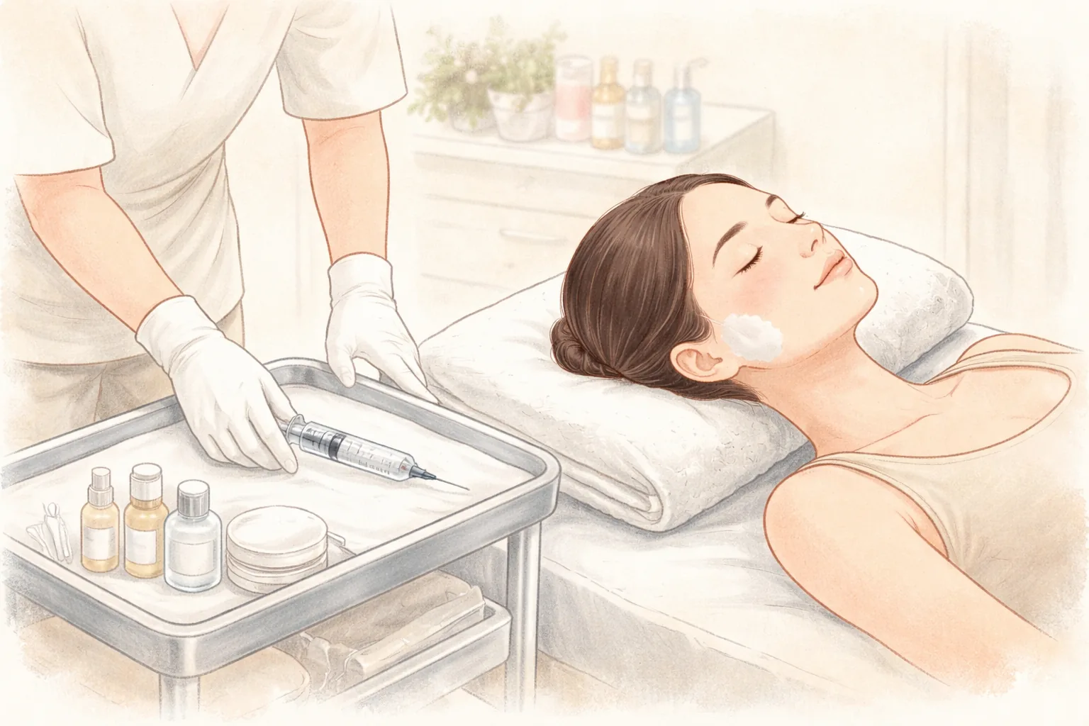 Woman lying on a bed beside a patient as gloved hands place a syringe on a tray