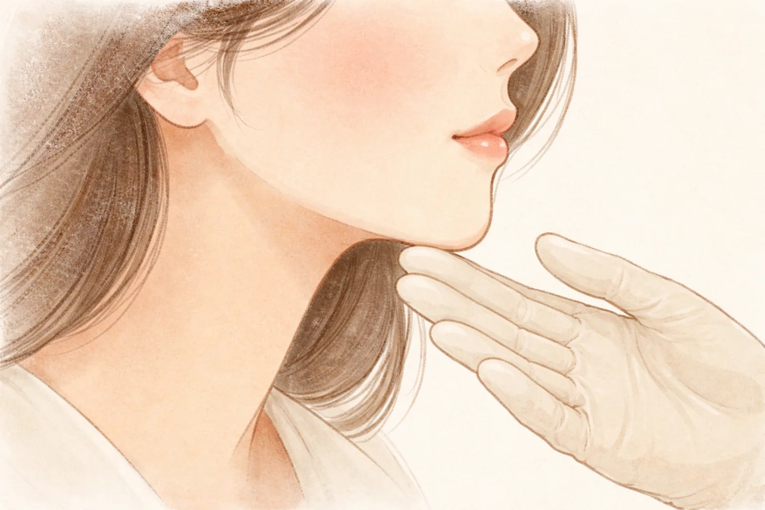 볼과 턱이 붉어진 여성의 옆얼굴과 장갑 낀 손이 얼굴 가까이에 있음