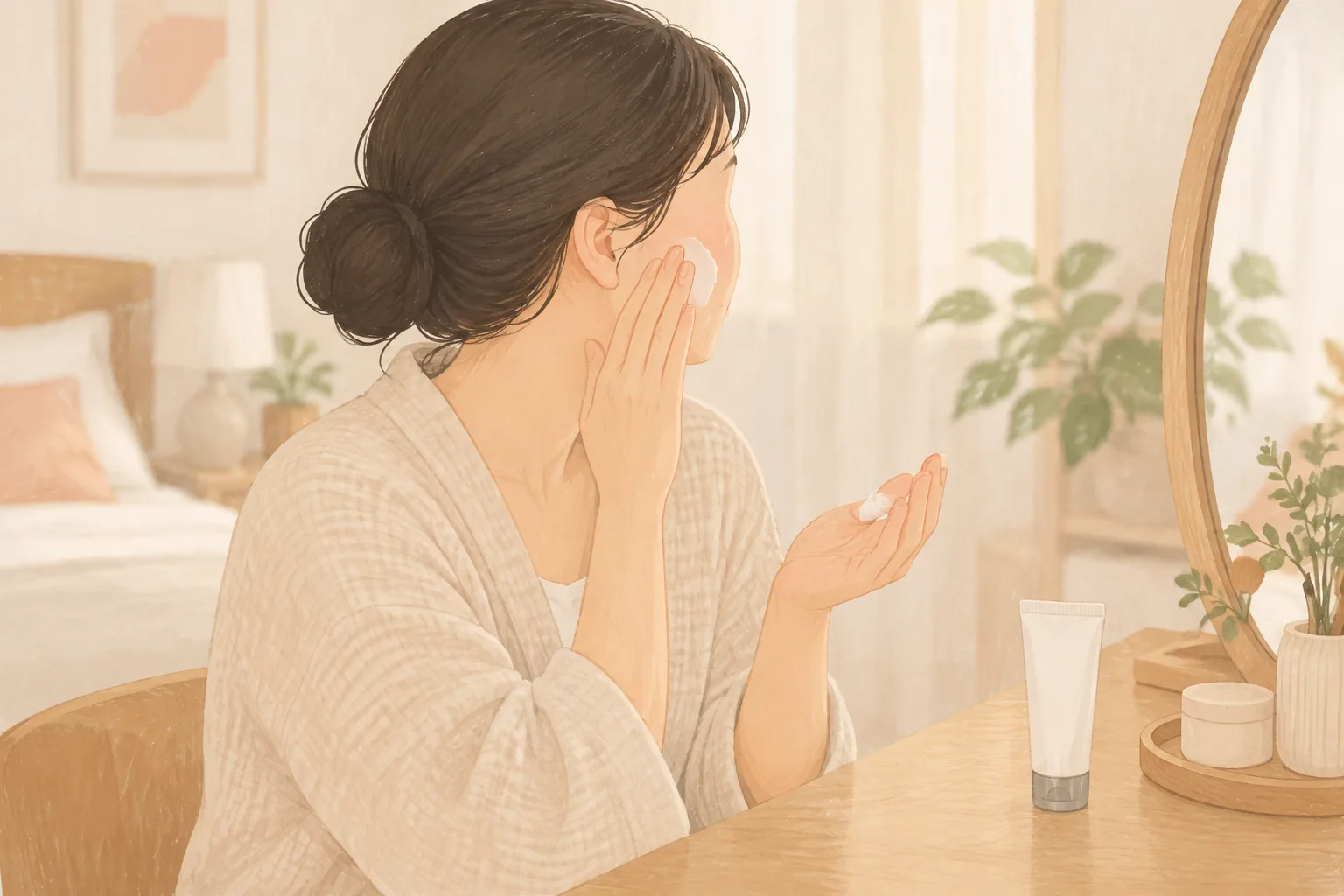 Woman sitting at a mirror applying cream squeezed onto her fingertips