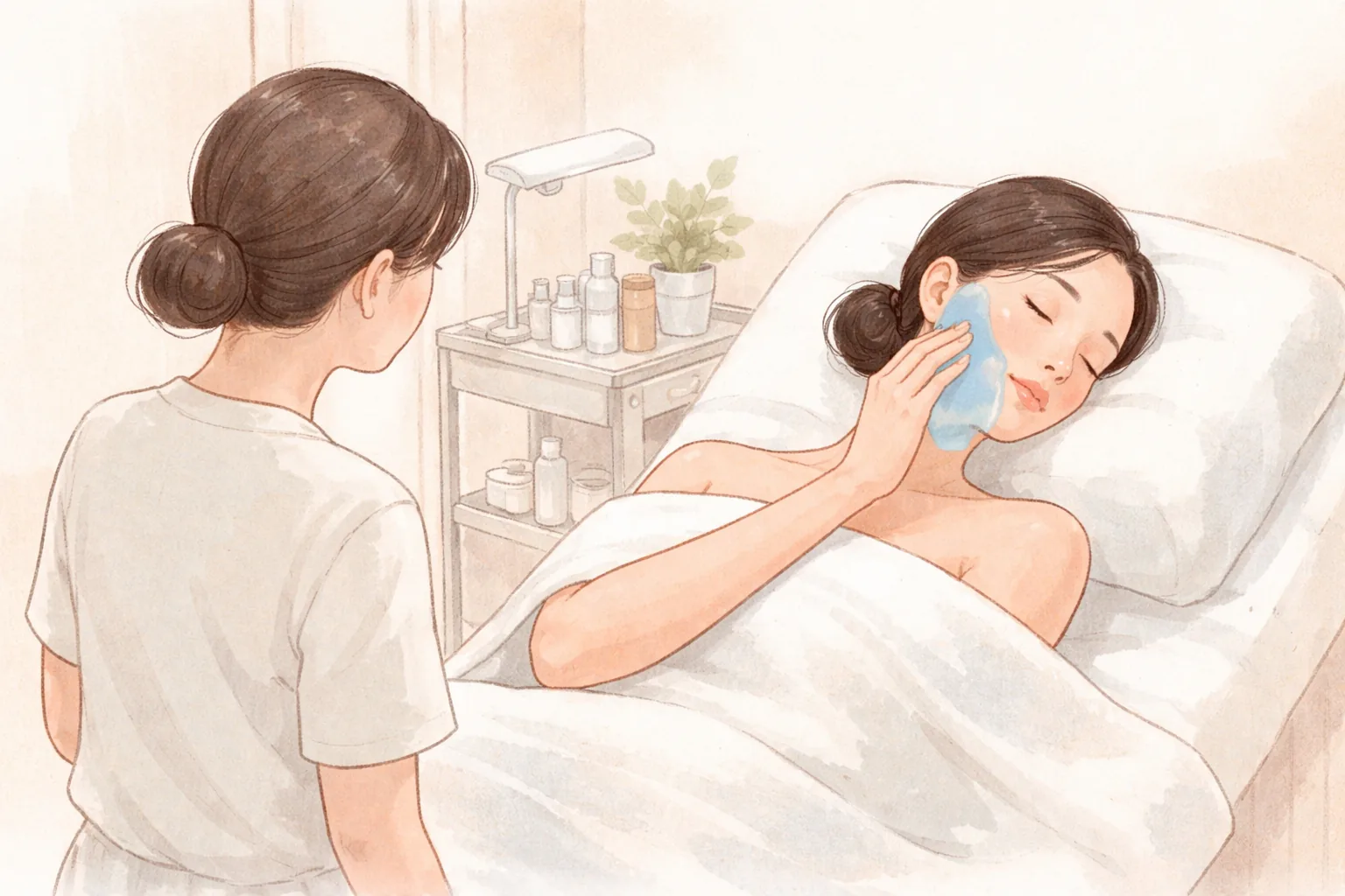 Wanita berbaring dengan masker gel dingin di wajah dan wanita lain berdiri di sampingnya