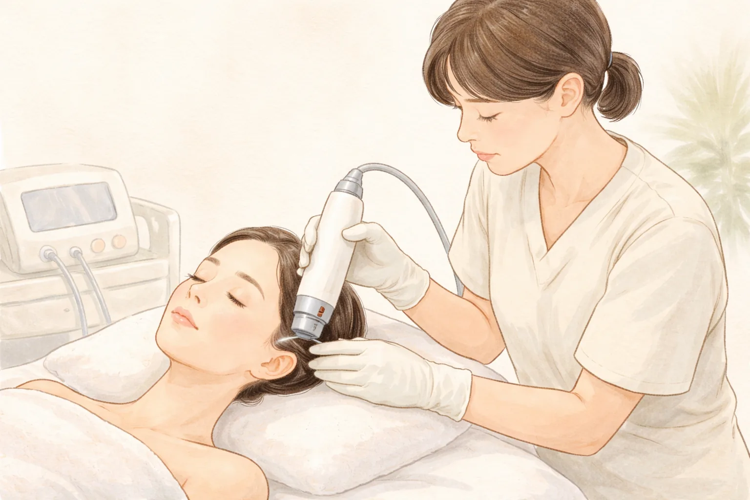 手袋をした医療スタッフが高周波施術機器を女性の顔に当てている様子