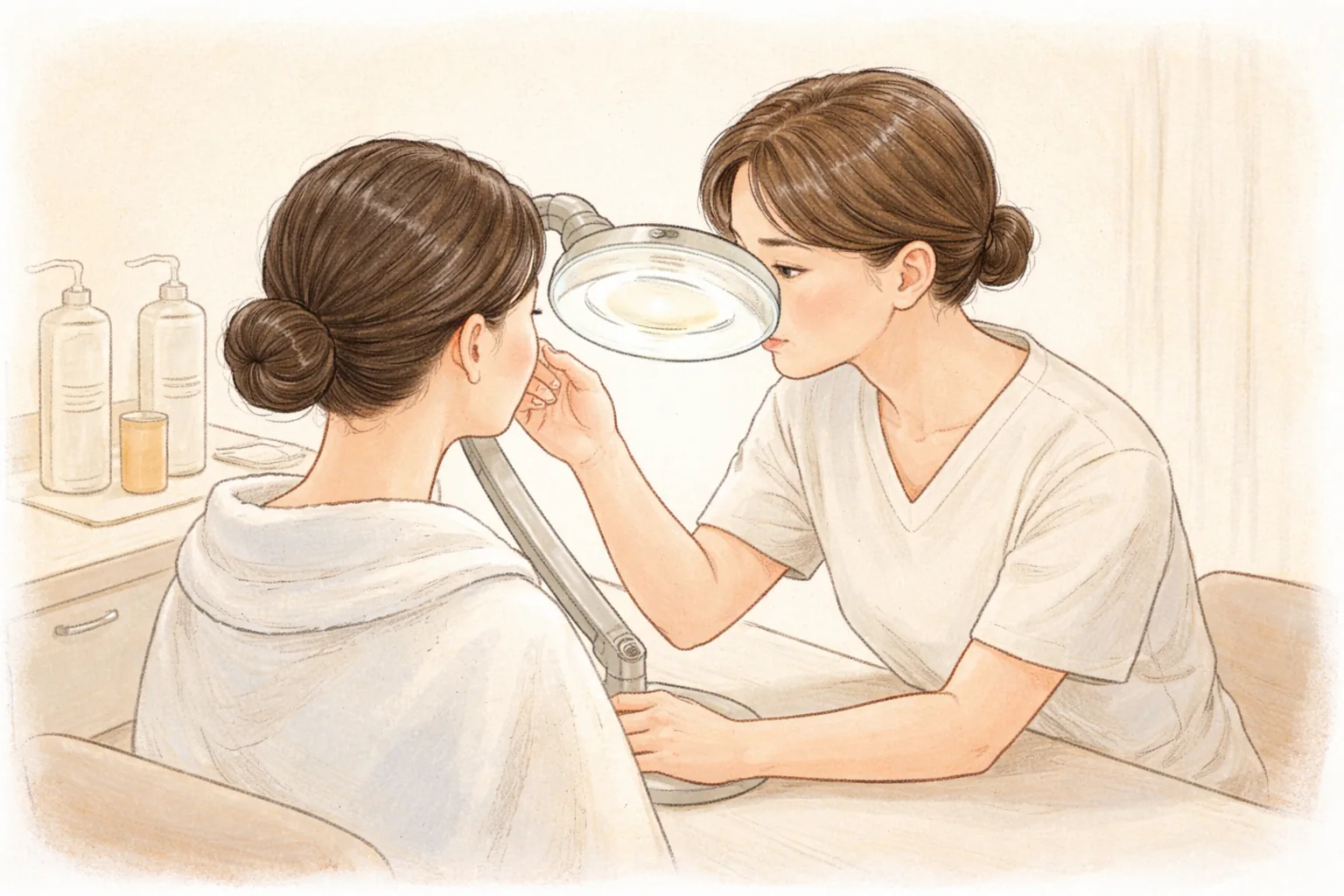 확대 조명 아래 앉아 있는 여성 환자의 볼을 살펴보는 의료진