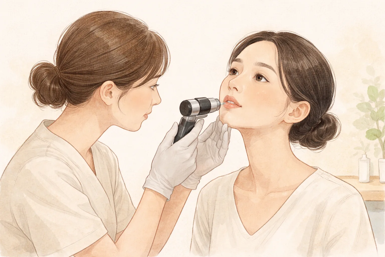 Clinician examining a woman's lower lip with a device