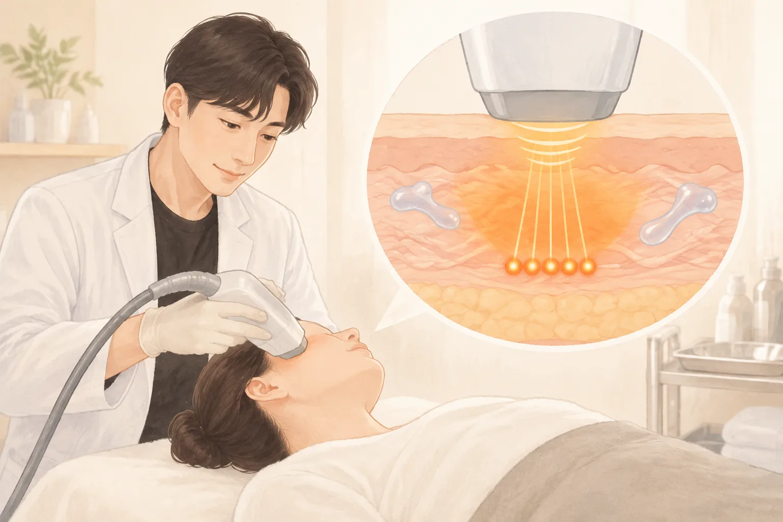 一名男子把设备贴在脸上,皮肤剖面显示超声热凝固点和凝胶材料