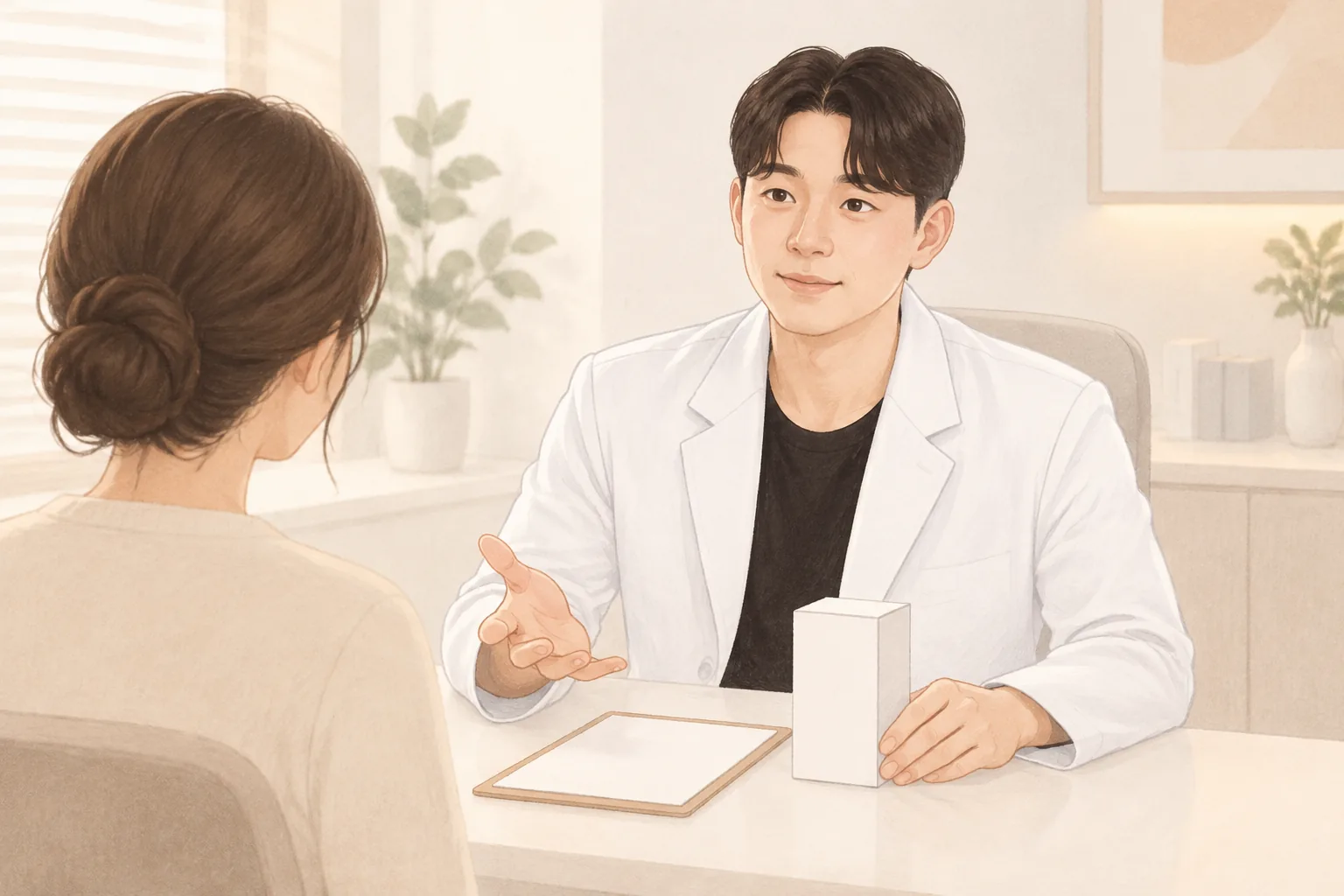 책상에 앉아 제품 상자를 보여주며 설명하는 남자 의사와 그 앞에 앉아있는 여자 환자