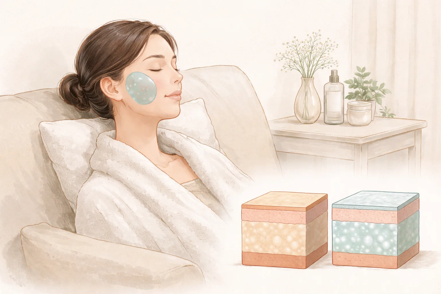 Wanita berjubah putih bersandar di sofa dengan masker menenangkan di pipi, produk perawatan, dan vas bunga di meja samping
