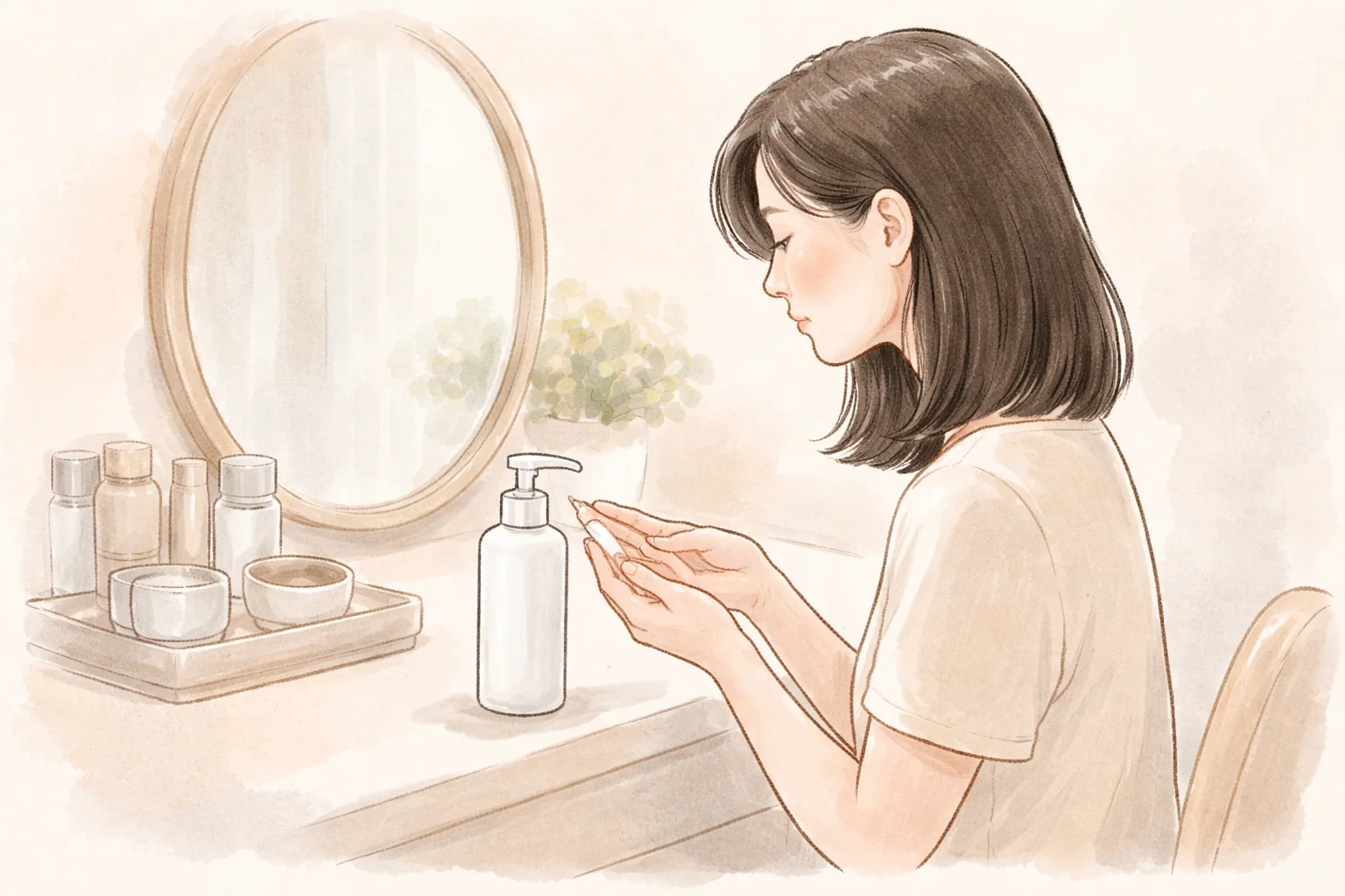 거울 앞에 앉아 손끝에 보습제를 덜어 바르는 여성