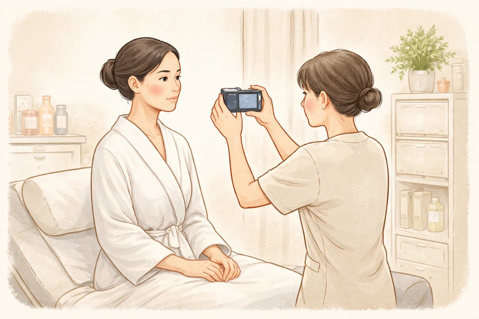 A clinician photographing the face of a woman seated on a treatment bed